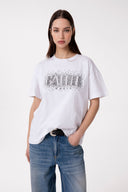T-SHIRT PARICOLLO MEZZA MANICA CON RICAMO E APPL. STRASS