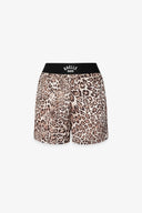 SHORT MORBIDO IN RASO STAMPATO MACULA CON ELASTICO NERO LOGATO