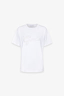 T-SHIRT PARICOLLO MEZZA MANICA CON RICAMO CON PIZZO IN TRASPARENZA E BORDO NERO
