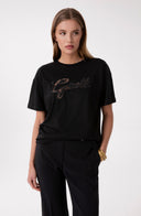 T-SHIRT PARICOLLO MEZZA MANICA CON RICAMO CON PIZZO IN TRASPARENZA E BORDO NERO