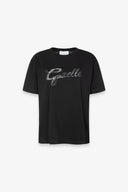 T-SHIRT PARICOLLO MEZZA MANICA CON RICAMO CON PIZZO IN TRASPARENZA E BORDO NERO