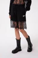 BERMUDA IN FELPA CON INSERTI IN PIZZO NERO , STAMPA LOGO BIANCA