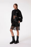 BERMUDA IN FELPA CON INSERTI IN PIZZO NERO , STAMPA LOGO BIANCA