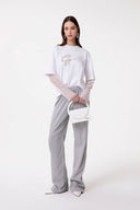 T-SHIRT PARICOLLO MEZZA MANICA CROP IN JERSEY CON MANICA LUNGA IN PIZZO BIANCA, RICAMO IN PIZZO