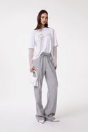 T-SHIRT PARICOLLO MEZZA MANICA CROP IN JERSEY CON MANICA LUNGA IN PIZZO BIANCA, RICAMO IN PIZZO