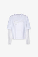 T-SHIRT PARICOLLO MEZZA MANICA CROP IN JERSEY CON MANICA LUNGA IN PIZZO BIANCA, RICAMO IN PIZZO