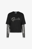 T-SHIRT PARICOLLO MEZZA MANICA CROP IN JERSEY CON MANICA LUNGA IN PIZZO BIANCA, RICAMO IN PIZZO