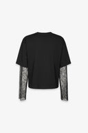 T-SHIRT PARICOLLO MEZZA MANICA CROP IN JERSEY CON MANICA LUNGA IN PIZZO BIANCA, RICAMO IN PIZZO
