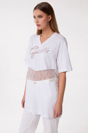 MAXY T-SHIRT SCOLLO A V MEZZA MANICA CON INSERTI IN PIZZO BIANCO E RICAMO IN PIZZO