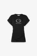 T-SHIRT PARICOLLO MEZZA MANICA CON RISVOLTO E LOGO STRASS