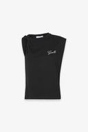 T-SHIRT SMANICATA CON DETTAGLIO SUL DAVANTI E LOGO STRASS LATO CUORE
