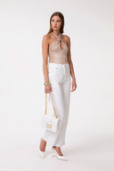 PANTALONE STRAIGHT IN DENIM CON APPLICAZIONE STRASS TRASPARENTI