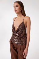 TOP A BRETELLINE CON SCOLLO A CAPPUCCIO IN TESSUTO PAILLETTES