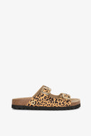 SANDALO IN SUEDE TESSUTO ANIMALIER CON RIVETTO PERSONALIZZATO E DOPPIA FIBBIA