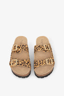 SANDALO IN SUEDE TESSUTO ANIMALIER CON RIVETTO PERSONALIZZATO E DOPPIA FIBBIA