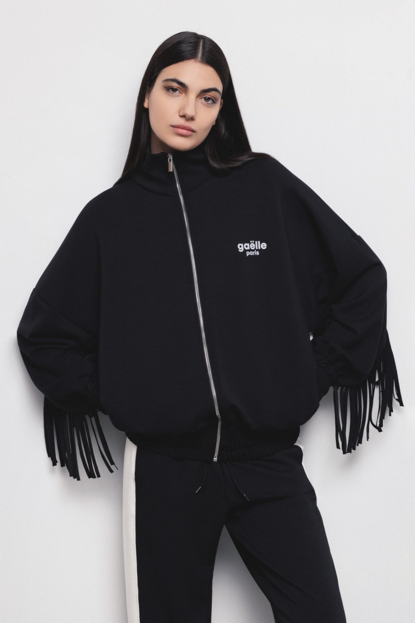 Giacca Full Zip Con Frangia Sul Retro Nero-Offwhite