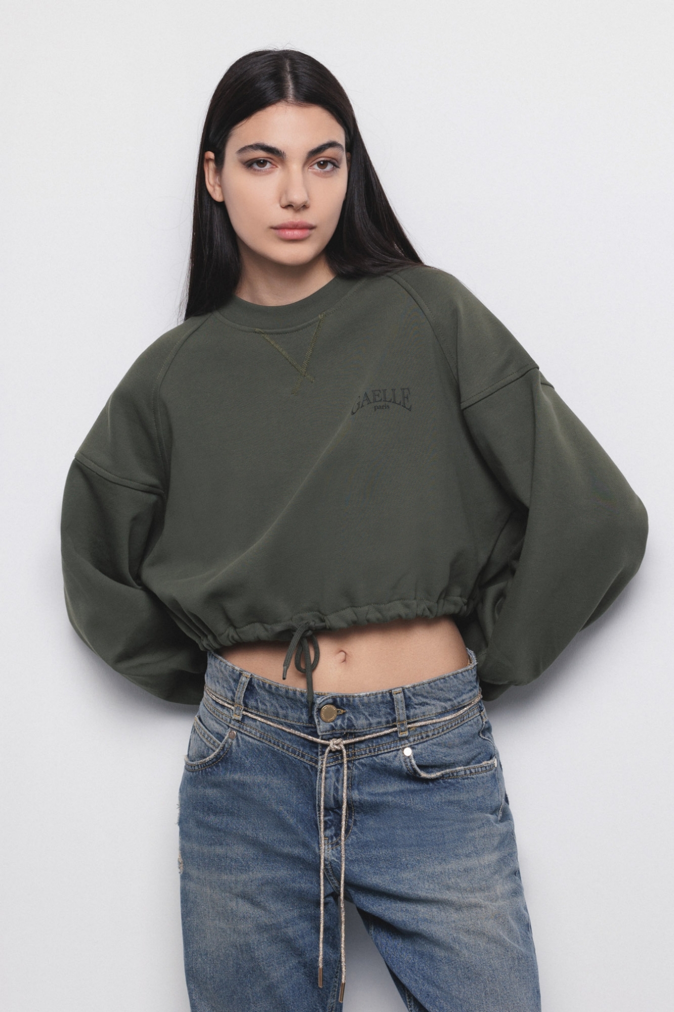 Felpa Cropped Paricollo Verde Militare