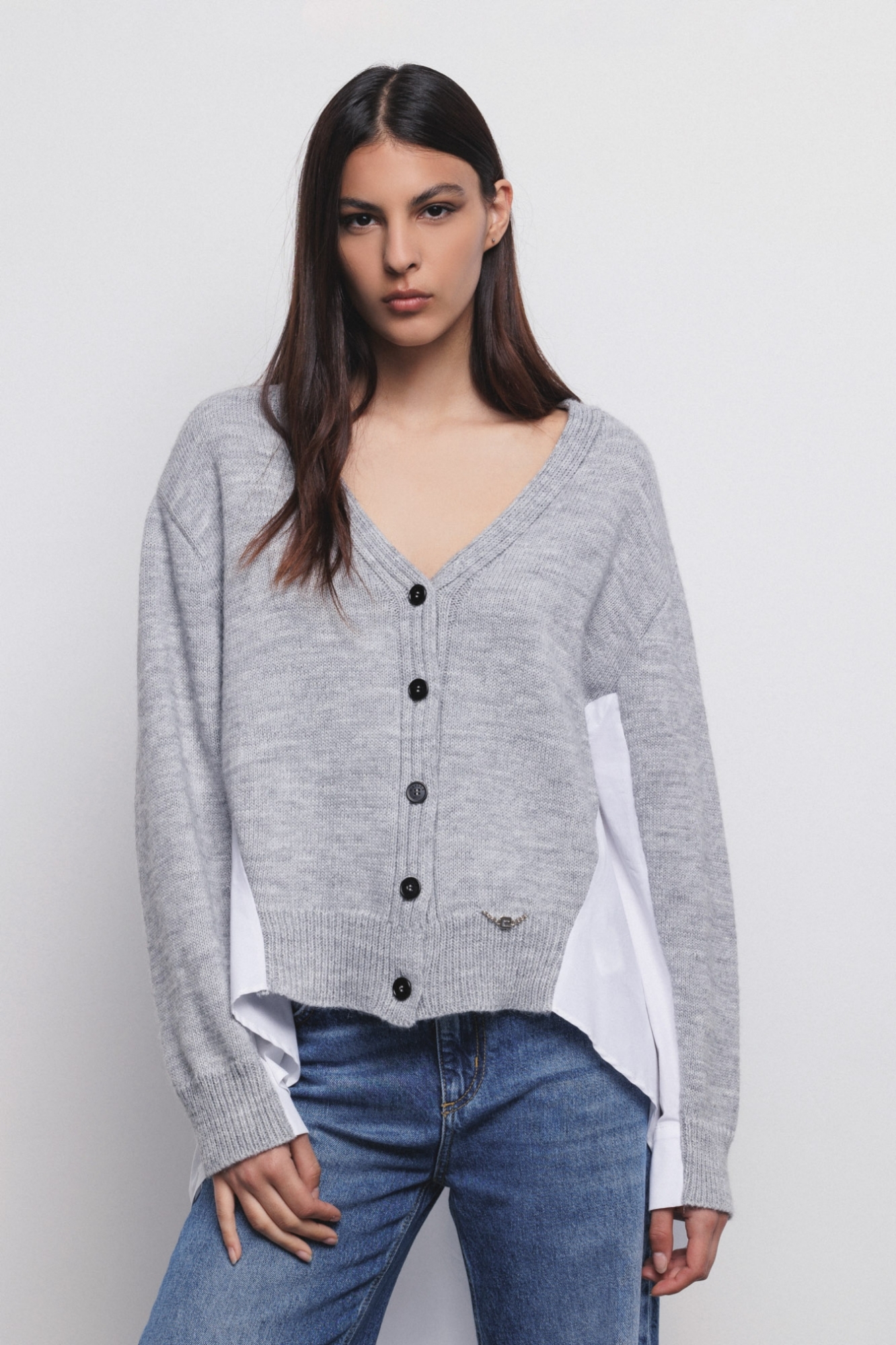 Cardigan Asimmetrico Bimateriale Grigio