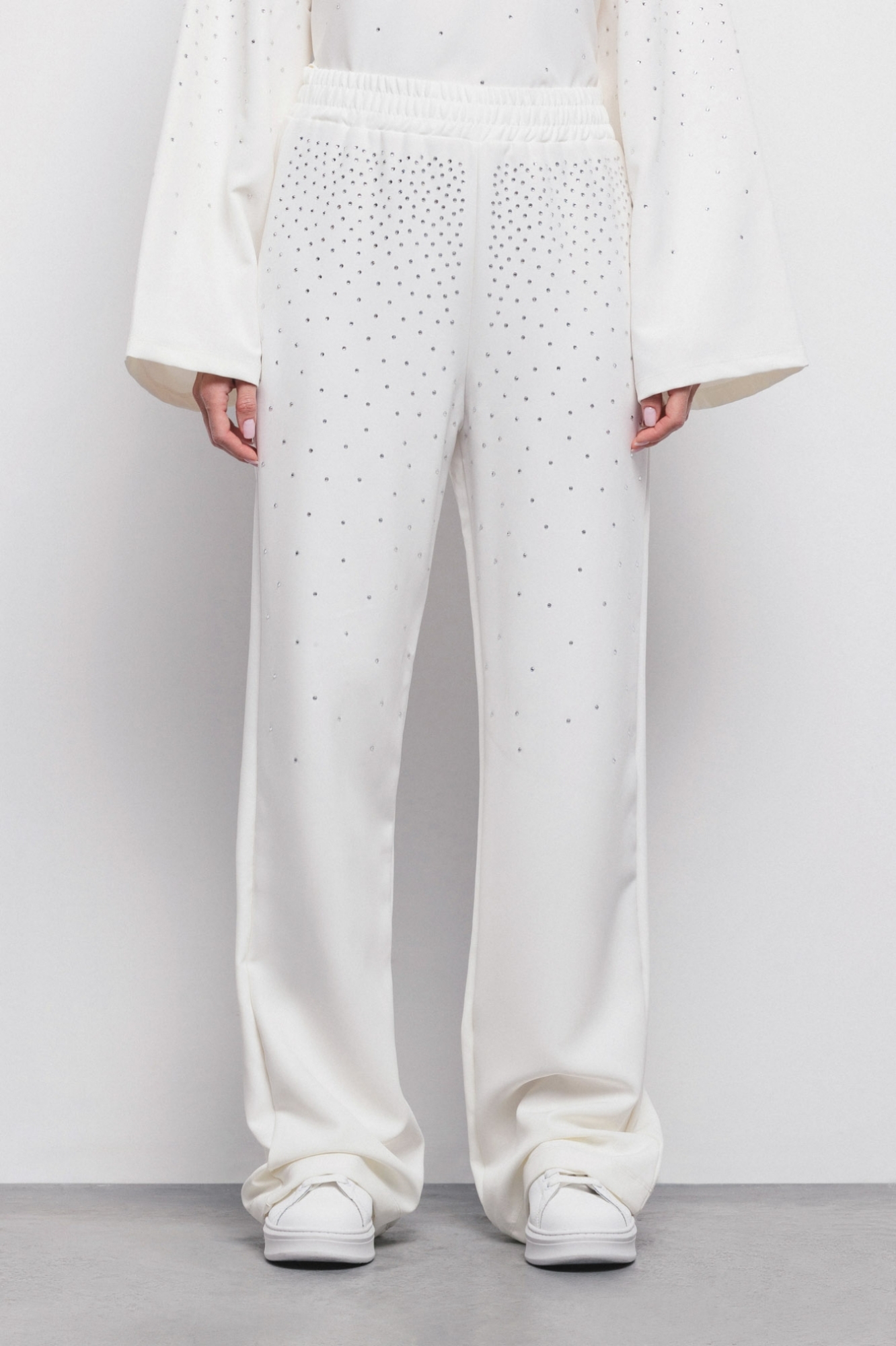 Pantalone Gamba Larga Con Dettaglio Strass Sul Davanti Off White