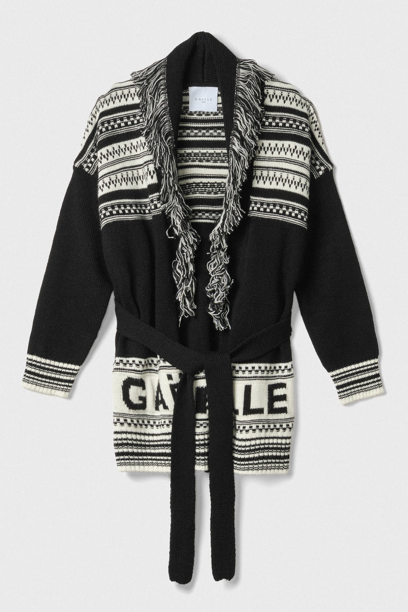 Cardigan Con Frange Nero-Offwhite