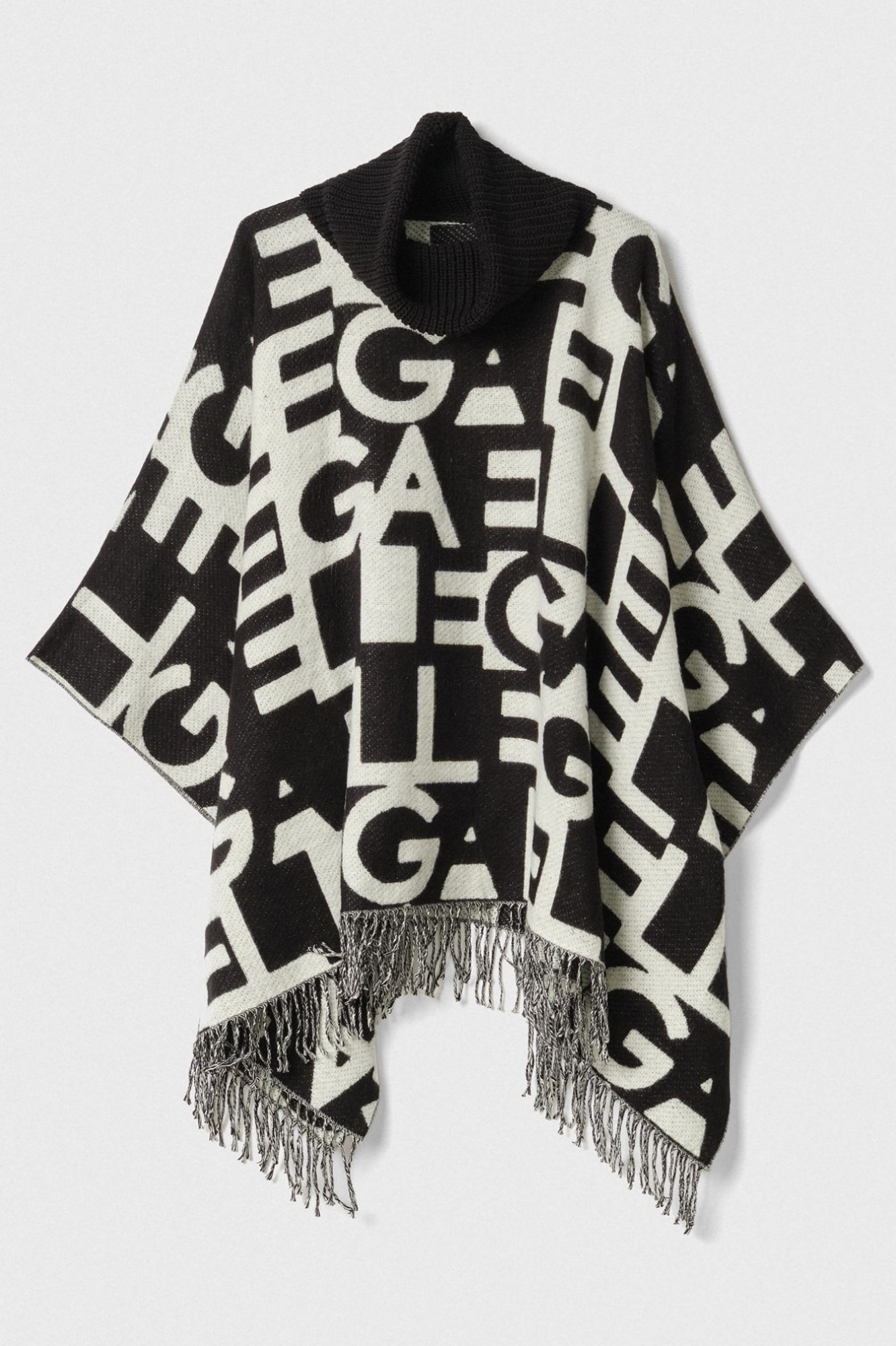 Poncho In Panno Con Collo Alto Nero-Offwhite