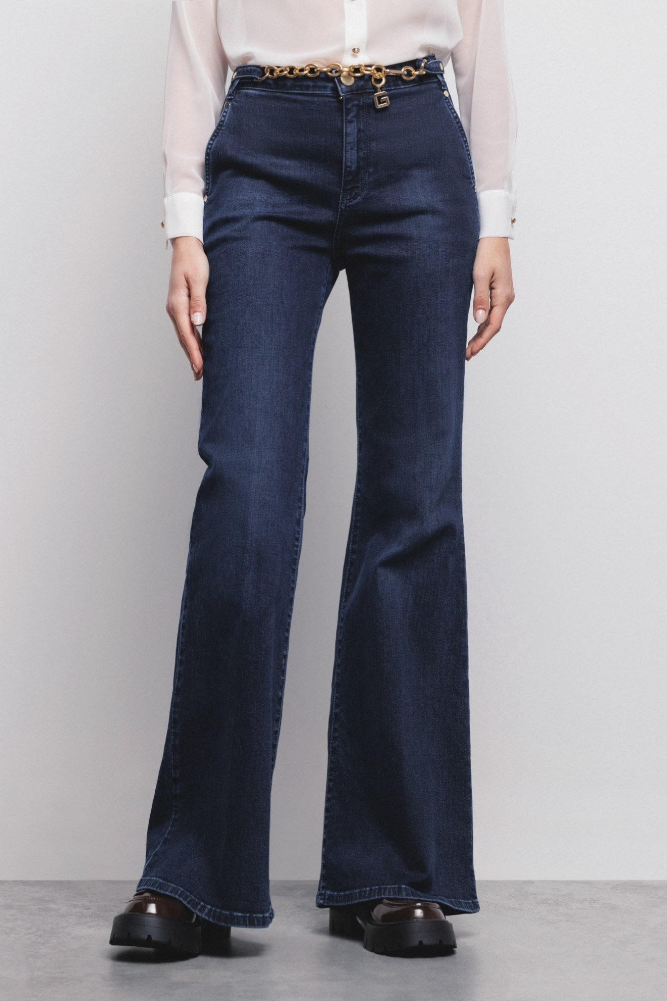 Jeans Palazzo Con Catena Gioiello Denim Blu