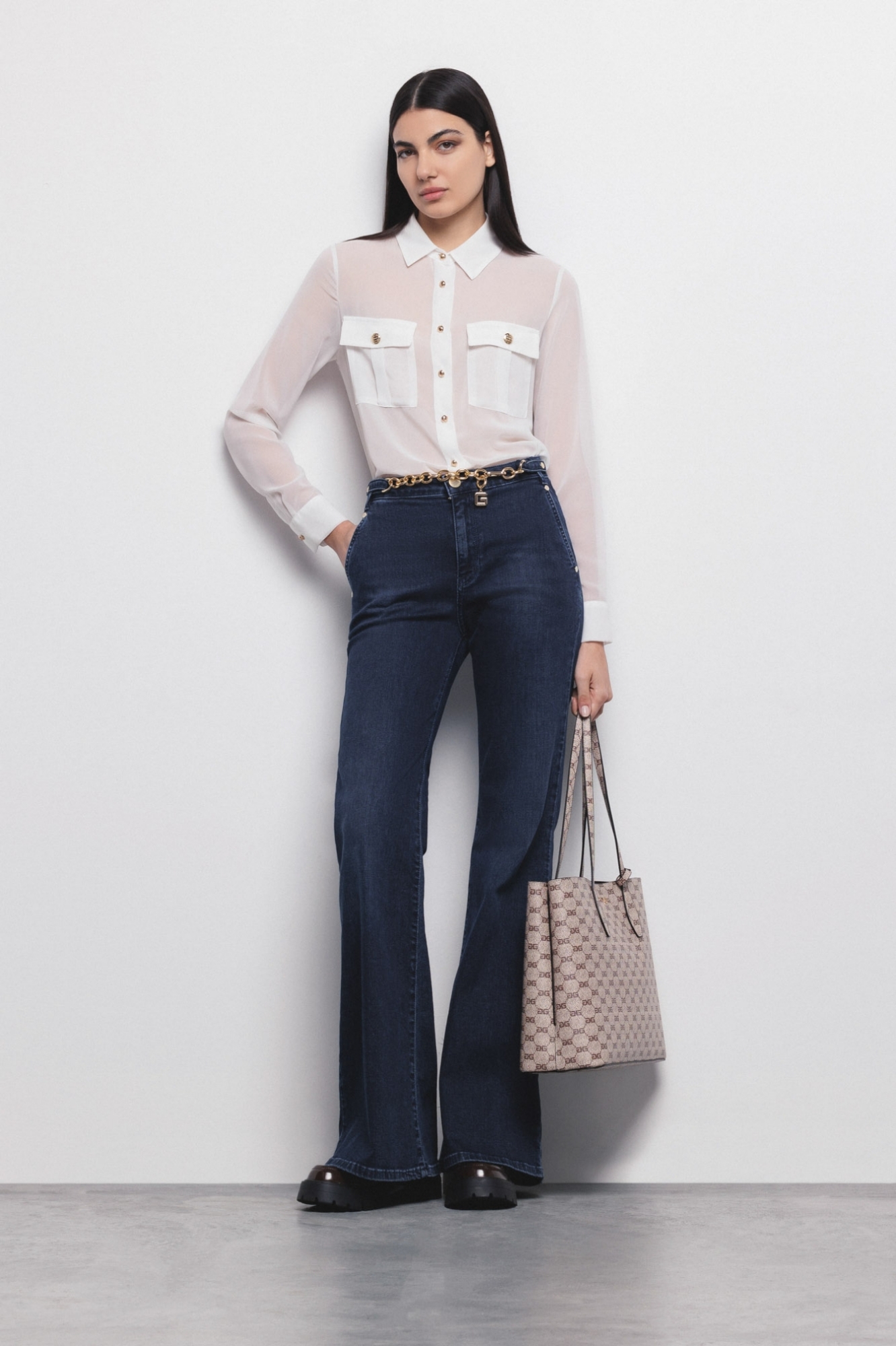 Jeans Palazzo Con Catena Gioiello Denim Blu