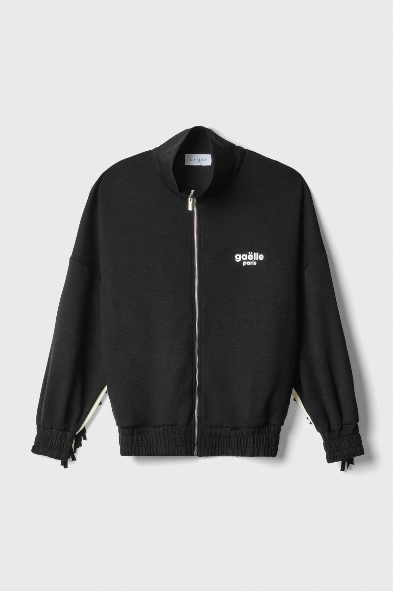 Giacca Full Zip Con Frangia Sul Retro Nero-Offwhite