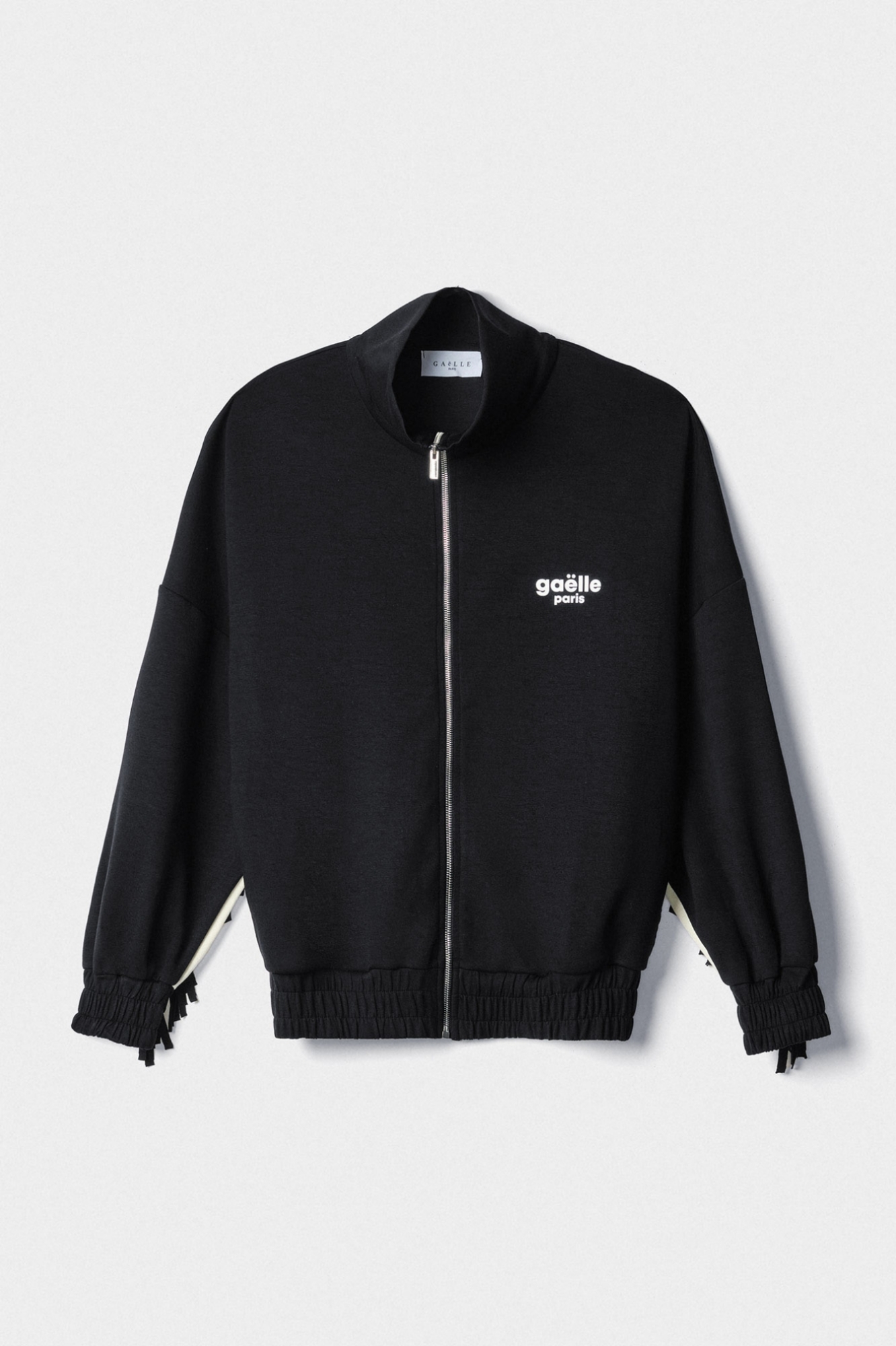 Giacca Full Zip Con Frangia Sul Retro Nero-Offwhite