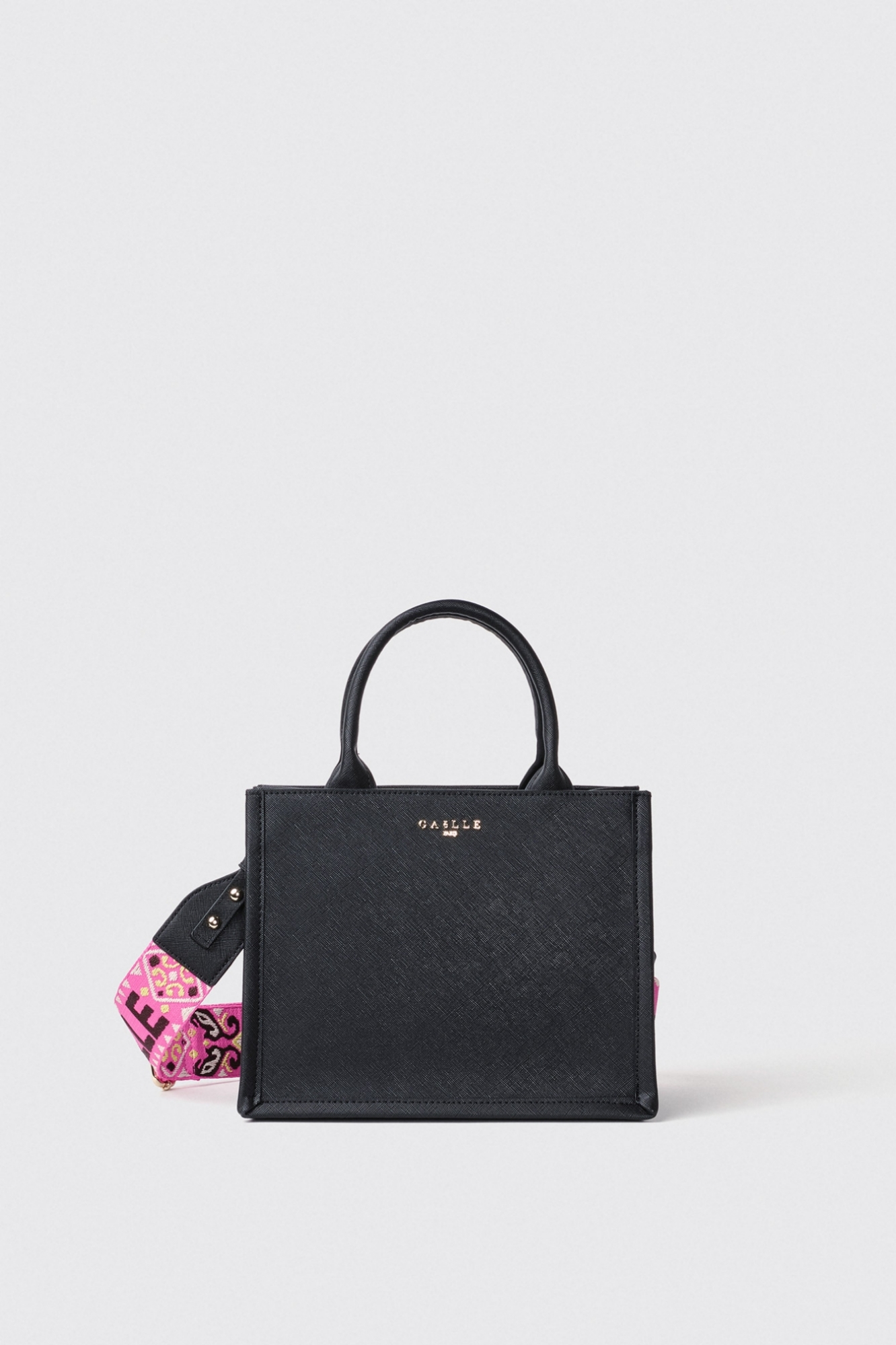 Mini shopper con logo in metallo e tracolla jacquard • Nero