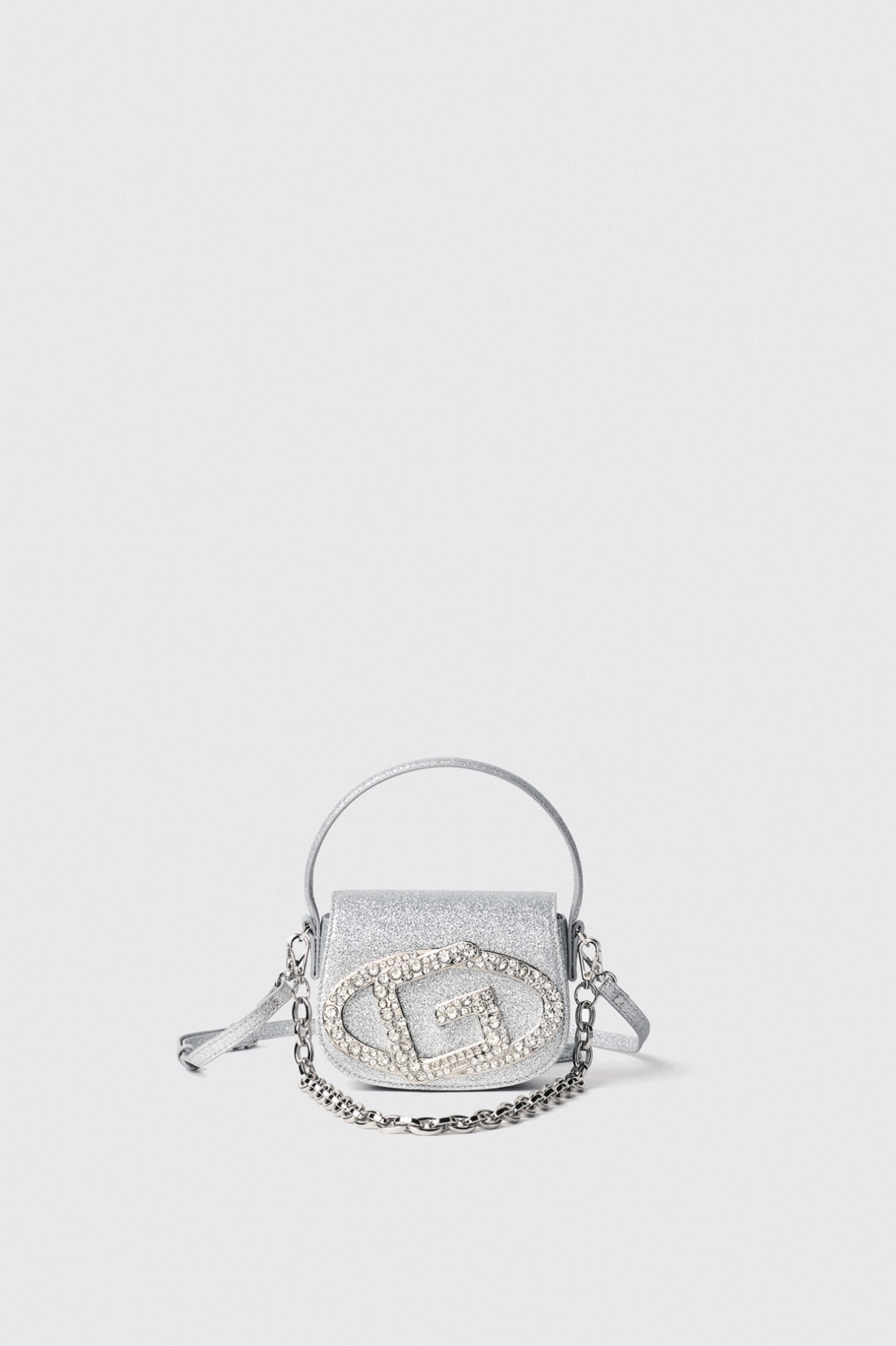 Mini shoulder strap con catena e maxi g strass • Bianco